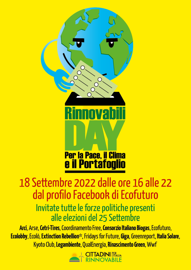 Rinnovabili day: il 18 settembre maratona online per chiedere alla politica più impegno per una svolta dell’Italia