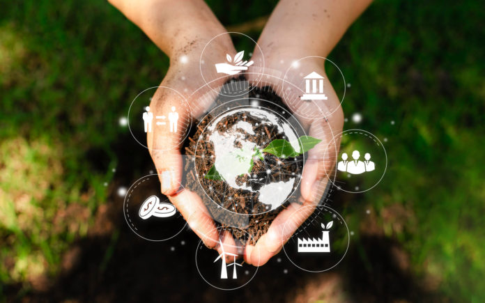 ESG icon concept circulating in the hands of young women for Environment, Society and Governance SG ESG Forest Conservation Concept Environmental, Social and Governance Concepts
