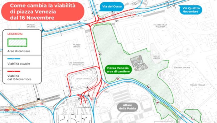 Roma, dal 16 novembre nuova viabilità a Piazza Venezia per i lavori della metro C