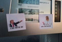 Caro carburanti, Greenpeace incolla adesivi di Trump e Meloni ai distributori