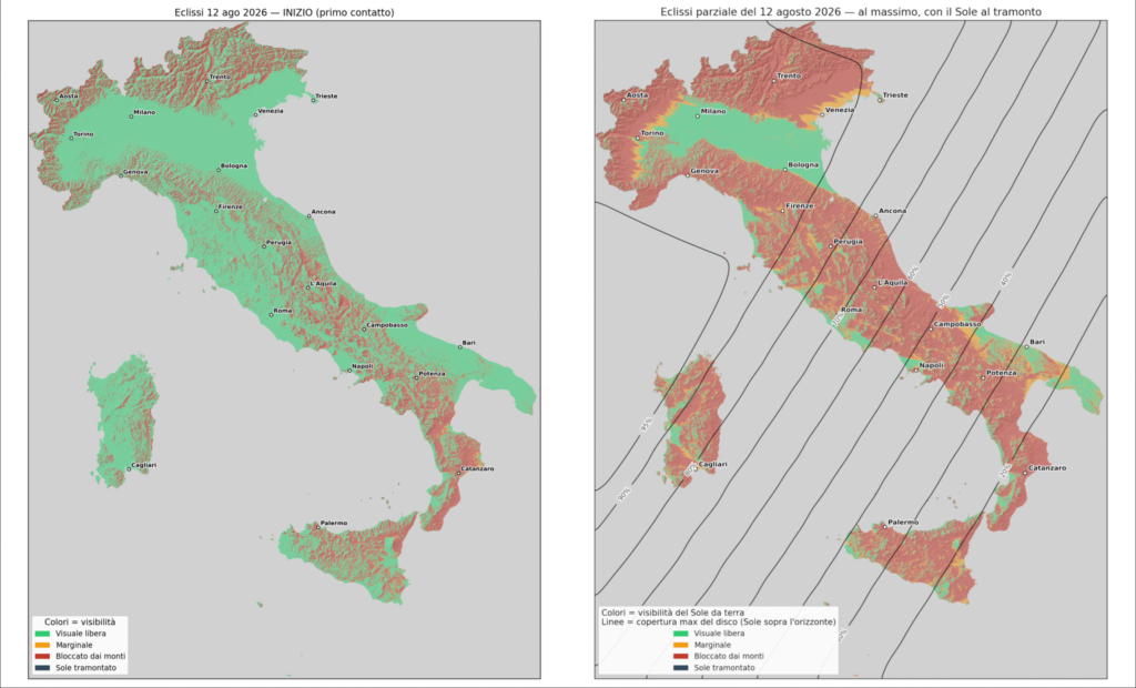 Mappe di visibilità del sole durante l’eclissi del 12 agosto 2026 dal territorio italiano. Il pannello a sinistra mostra la visibilità del Sole al momento in cui, in ciascuna località, è previsto il primo contatto tra il disco solare e quello lunare; il pannello a destra mostra la visibilità al momento del picco dell’eclissi, anch’esso calcolato localmente. Sulla mappa a destra, inoltre, sono sovraimposti i contorni che quantificano la copertura massima del disco solare prevista in ciascuna località (cliccare per ingrandire). Crediti: Inaf/M. Sandri; Modello di elevazione digitale TinItaly 1.1, a cura di Tarquini S., I. Isola, M. Favalli, A. Battistini, G. Dotta (Ingv, 2023) – CC BY 4.0_ Fonte INAF, Istituto nazionale di Astrofisica